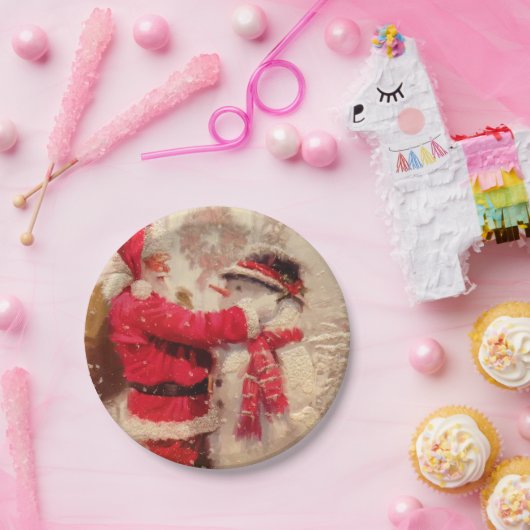 Santa claus and snowman in snowfall pappteller (Party)