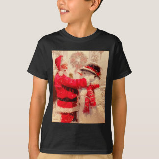 Santa Claus And Snowman In Snowfall T-Shirt