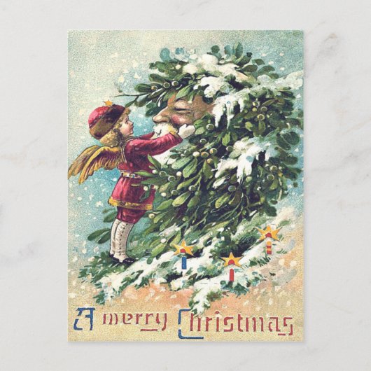 Santa Claus Angel Cherub Mistletoe Feiertagspostkarte (Vorderseite)