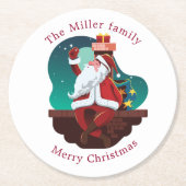 Santa Claus auf dem Dach fröhliche Weihnachtsmonog Runder Pappuntersetzer (Vorderseite)
