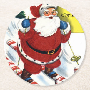 Santa Claus auf Zuckerrohr-Skiern Weihnachten Runder Pappuntersetzer