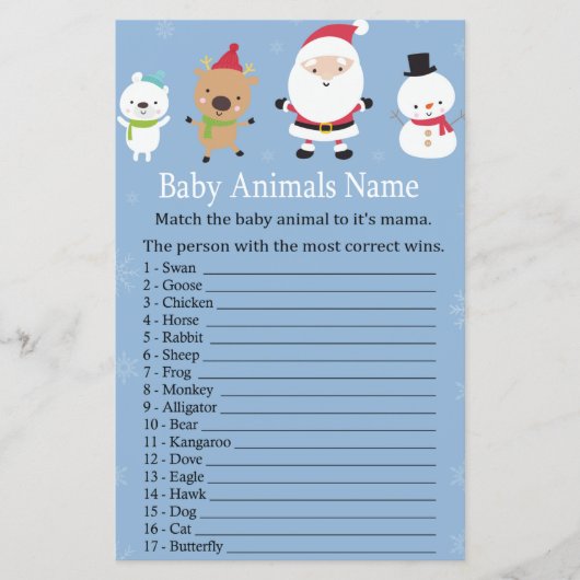 Santa Claus Baby Animals Name Spiel Babydusche (Vorderseite)