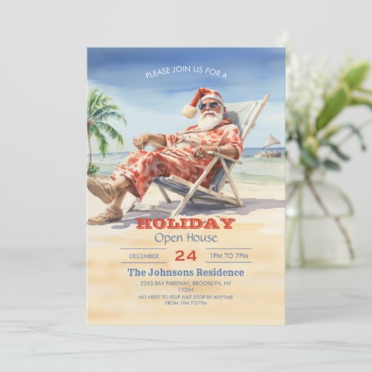 Santa Claus Beach Watercolor Einladung (Stehend Vorderseite)