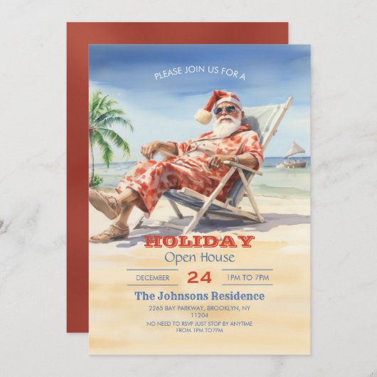 Santa Claus Beach Watercolor Einladung (Vorne/Hinten)