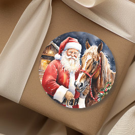 Santa Claus Brown Horse | Rustikale Farm Weihnacht Runder Aufkleber