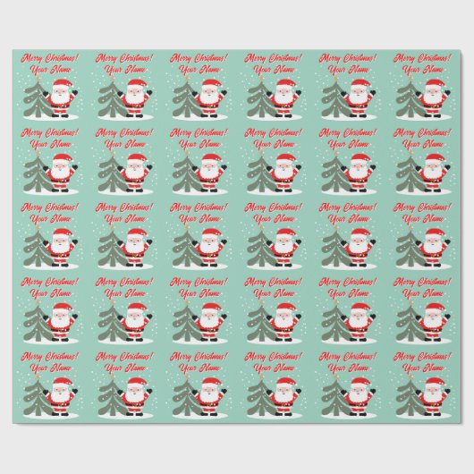 Santa Claus cartoon with Christmas tree teal Geschenkpapier (Flach)