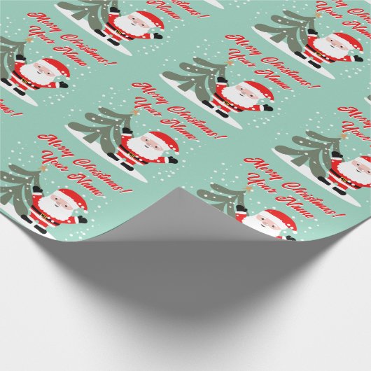 Santa Claus cartoon with Christmas tree teal Geschenkpapier (Ecke)