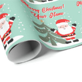 Santa Claus cartoon with Christmas tree teal Geschenkpapier (Rolleneckpunkt)
