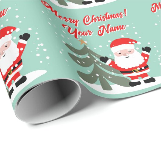 Santa Claus cartoon with Christmas tree teal Geschenkpapier (Rolleneckpunkt)