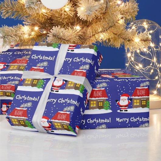 Santa Claus cartoon with house and Christmas tree Geschenkpapier (Feiertage)