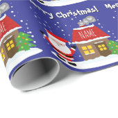 Santa Claus cartoon with house and Christmas tree Geschenkpapier (Rolleneckpunkt)