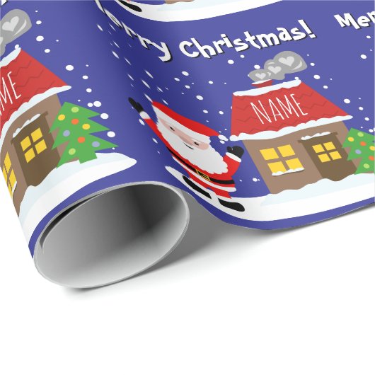 Santa Claus cartoon with house and Christmas tree Geschenkpapier (Rolleneckpunkt)