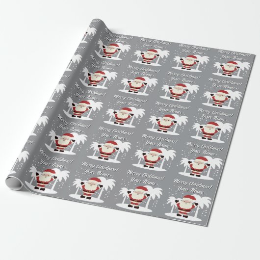 Santa Claus cartoon with palm trees grey Christmas Geschenkpapier (Ungerollt)
