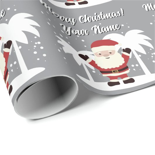 Santa Claus cartoon with palm trees grey Christmas Geschenkpapier (Rolleneckpunkt)