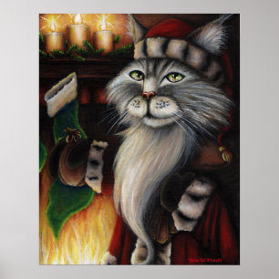 Santa Claus Cat Christmas Strumpf Art Poster