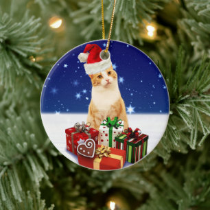 Santa Claus Cat with Christmas Gift Keramik Ornament