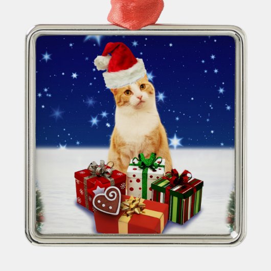Santa Claus Cat with Christmas Gift Ornament Aus Metall (Vorne)