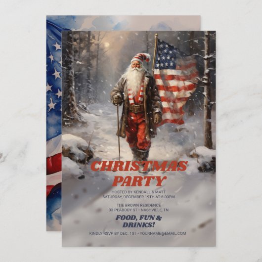 Santa Claus Christmas American Flag Einladung (Vorne/Hinten)