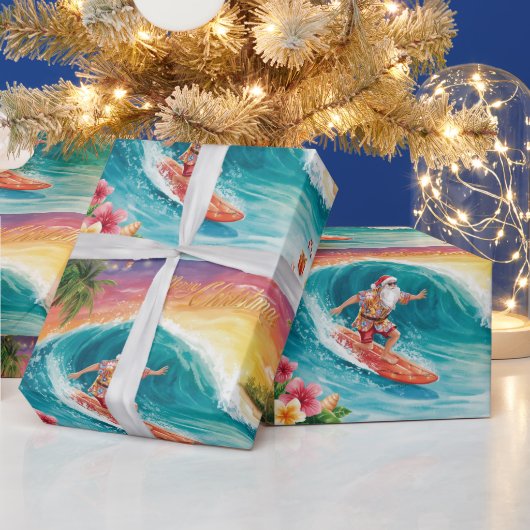 Santa Claus Christmas in July at the beach surfer Geschenkpapier (Feiertage)
