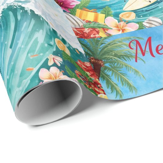 Santa Claus Christmas in July at the beach surfer Geschenkpapier (Rolleneckpunkt)