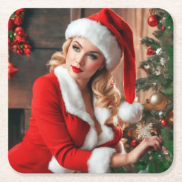 Santa Claus Christmas Pinup Lady Rechteckiger Pappuntersetzer