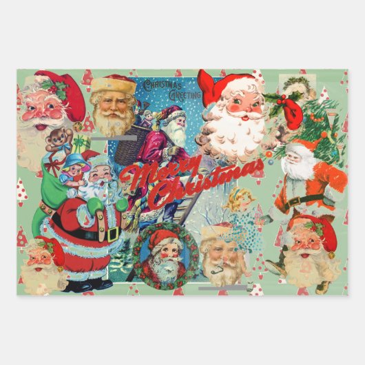 SANTA CLAUS COLLAGE Wrapping Paper Flat Sheet SET Geschenkpapier Set (Vorderseite)