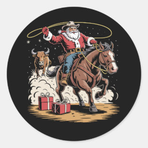 Santa Claus Cowboy Vintage Weihnachten Pferd Kuh  Runder Aufkleber