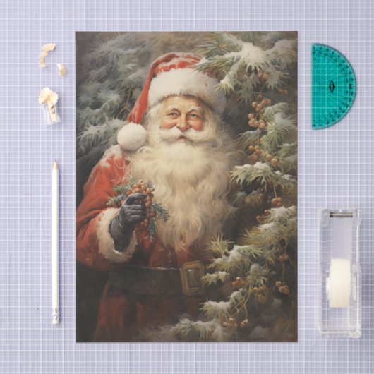 Santa Claus Cuddling a Christmas Tree Ivy Berries  Seidenpapier (Handwerk)