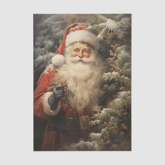 Santa Claus Cuddling a Christmas Tree Ivy Berries  Seidenpapier (Vorderseite)