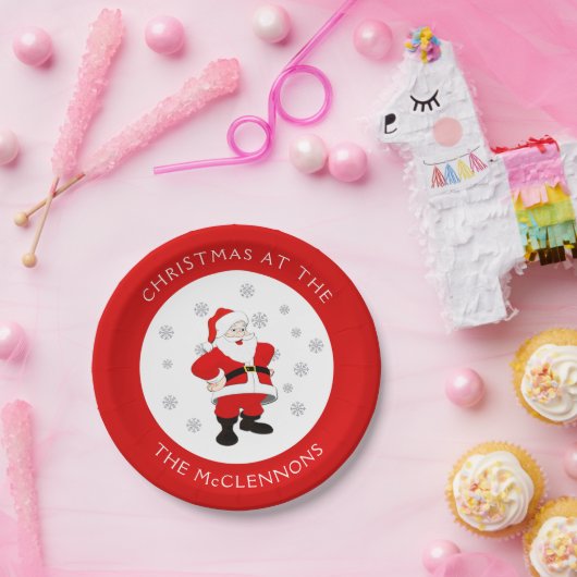 Santa Claus Custom Text Red Border Paper Plate Pappteller (Party)