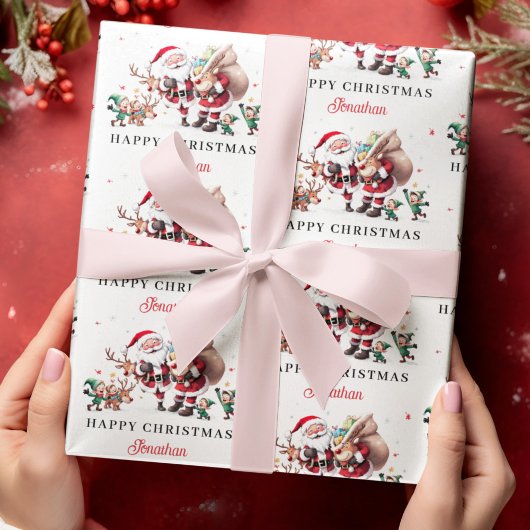 Santa Claus Deer Happy Christmas Personalized Name Geschenkpapier