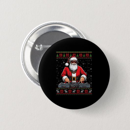 Santa Claus Dj Mixer Music Ugly Christmas Sweater Button (Vorne & Hinten)