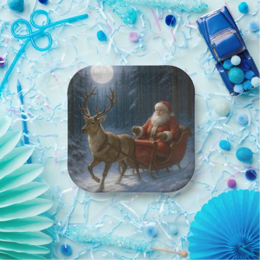 Santa Claus Driving a Sleigh In Moonlight Pappteller (Party)