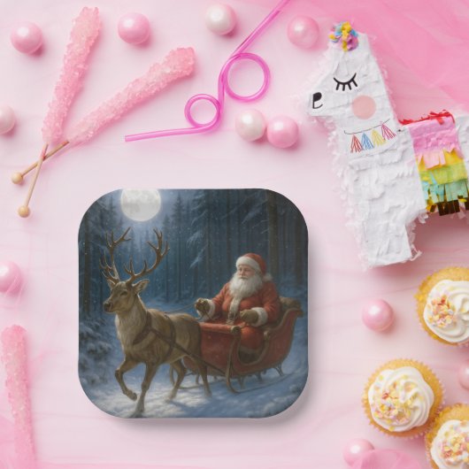 Santa Claus Driving a Sleigh In Moonlight Pappteller (Party)