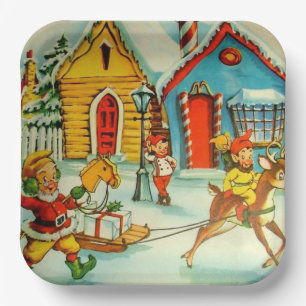 Santa Claus Elves Vintage Weihnachten Nordpol Pappteller