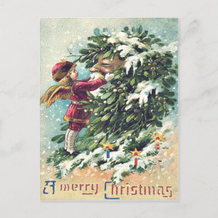 Santa Claus Engel Cherub Mistelzweig Feiertagspostkarte