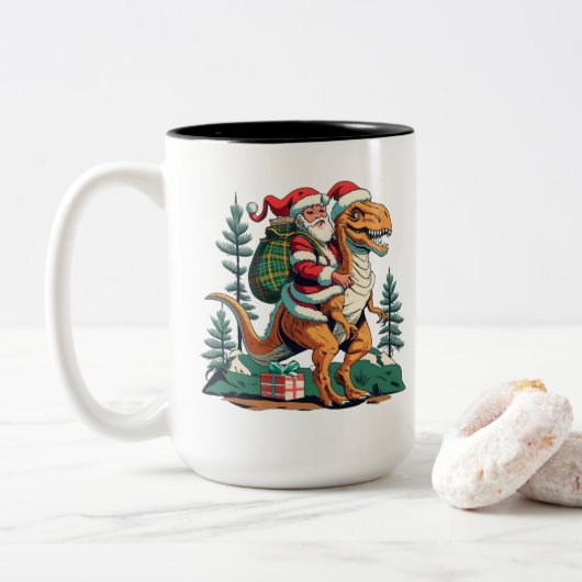 Santa Claus fährt einen Dinosaurier Zweifarbige Tasse (Mit Donut)
