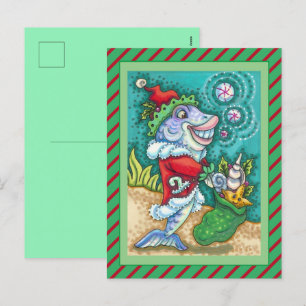 SANTA CLAUS FISH TALES, STARFISH, BAG of SAASHELLS Feiertagspostkarte