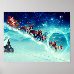 Santa Claus Flying with Rentier Poster