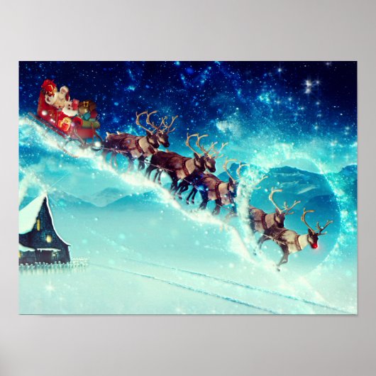 Santa Claus Flying with Rentier Poster (Vorne)