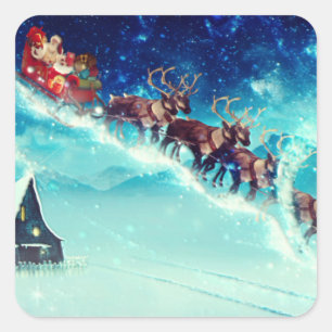 Santa Claus Flying with Rentier Quadratischer Aufkleber