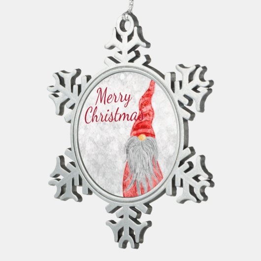 Santa Claus Gnome auf dem Snowy Field Schneeflocken Zinn-Ornament (Rechts)