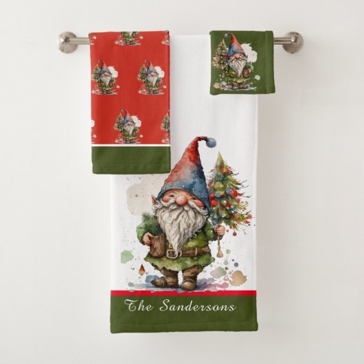 Santa Claus Gnome Christmas Red Green Badhandtuch Set (Insitu)