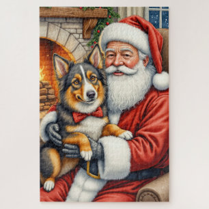 Santa Claus hält Australian Shepherd Weihnachten Puzzle