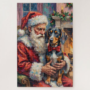 Santa Claus hält Bluetick Coonhound Weihnachten Puzzle