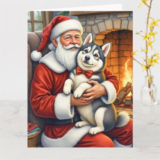 Santa Claus Holding Alaskan Malamute Christmas Art Karte (Gelbe Blume)
