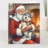 Santa Claus Holding Alaskan Malamute Christmas Art Karte (Vorderseite)