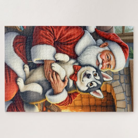 Santa Claus Holding Alaskan Malamute Christmas Art Puzzle (Horizontal)