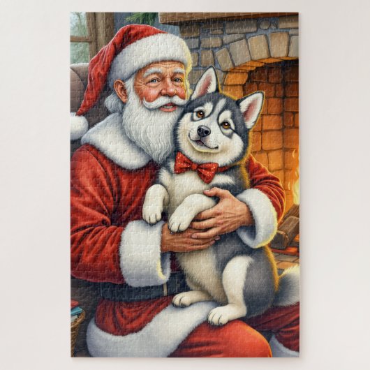 Santa Claus Holding Alaskan Malamute Christmas Art Puzzle (Vertikal)
