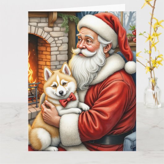 Santa Claus Holding American Eskimo Christmas Art Karte (Gelbe Blume)